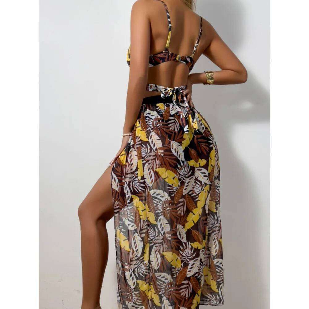 New Sexy Bikini Mesh Long Dress Three-piece Swimsuit Women Z260301