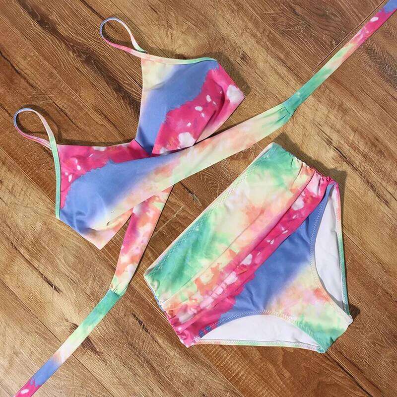 Printing Swimming Suit for Women Sexy Hollow Out Bandage High Waist Bikini Set Swimwear Summer 2025 New Beachwear Bathing Suits Z260301