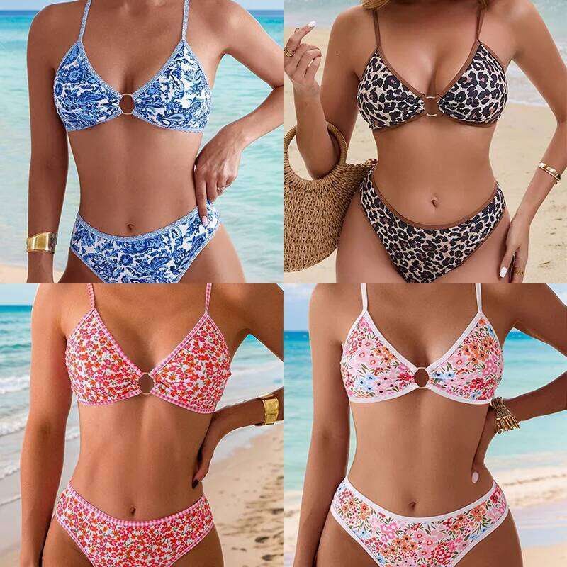 Leopard Print Bikini Set Women 2025 Summer High Waist 2 Piece Swimsuit V-neck Bra Push Suspender Backless Swimwear Bathing Suit Z260301