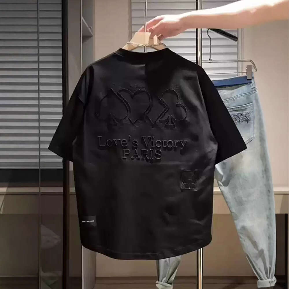 Summer New Heavy Embroidered Letter Crew Neck Short Sleeve Men's Trendy Loose Fit Breathable Turtleneck T-Shirt Base Shirt