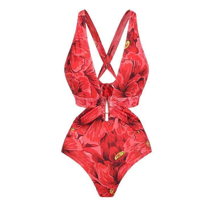 Floral Print Two Swimsuit Blooming Red Flower Vacation One Piece Set Swimwear Bathing Suit Bikini Resort Holiday Wear Z260301