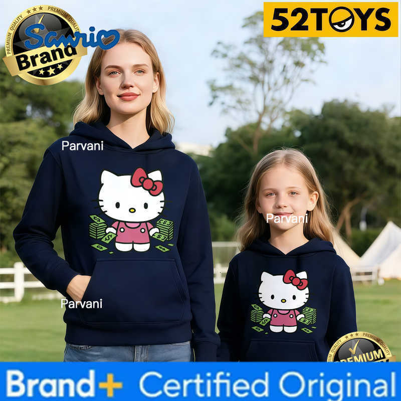 Sanrio 2026 Autumn-Winter Trending Hello Kitty Money Print 100 Cotton Parent-Child Hoodies High Quality Loose Casual Breathable Y2K H260302
