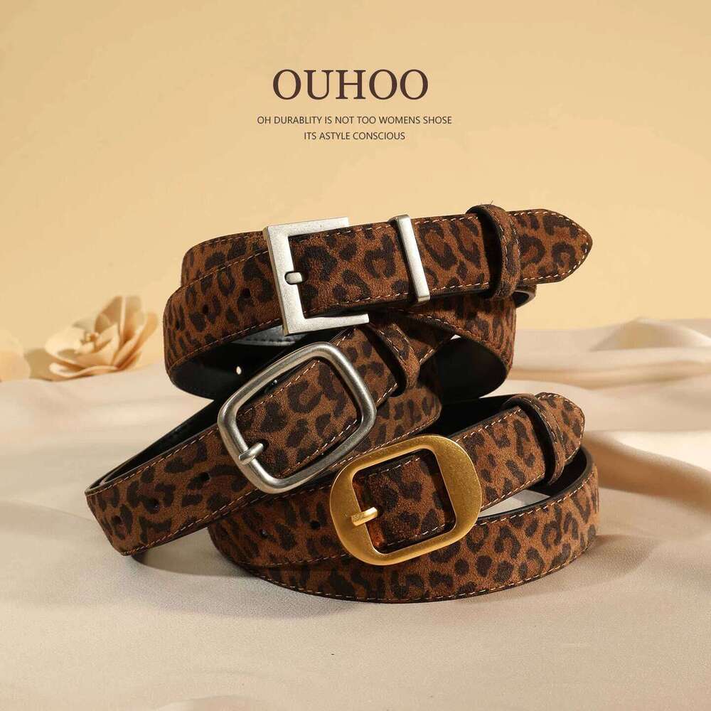 Leopard Print Women's Trendy Chic Suede Leather Belts with Gold/Sliver Buckle,Fashion Y2K Belt for Dress Skirt and Jeans S260228