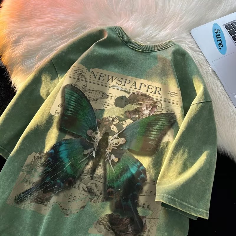 Vintage Butterfly Washed T-Shirt, Unisex Niche High-Street Wholesale Tees