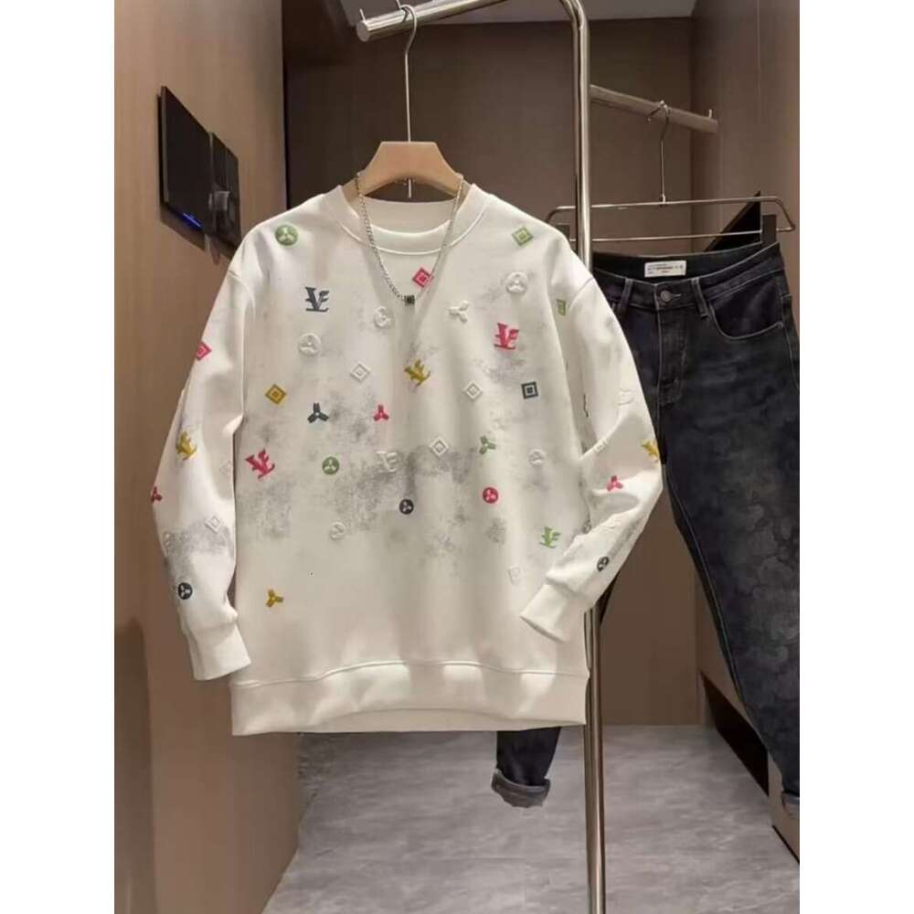 Trendy Brand Men's Sweatshirt Autumn New Full Old Flower Foam Print Long Sleeve T-Shirt Light Luxury Versatile Base Shirt