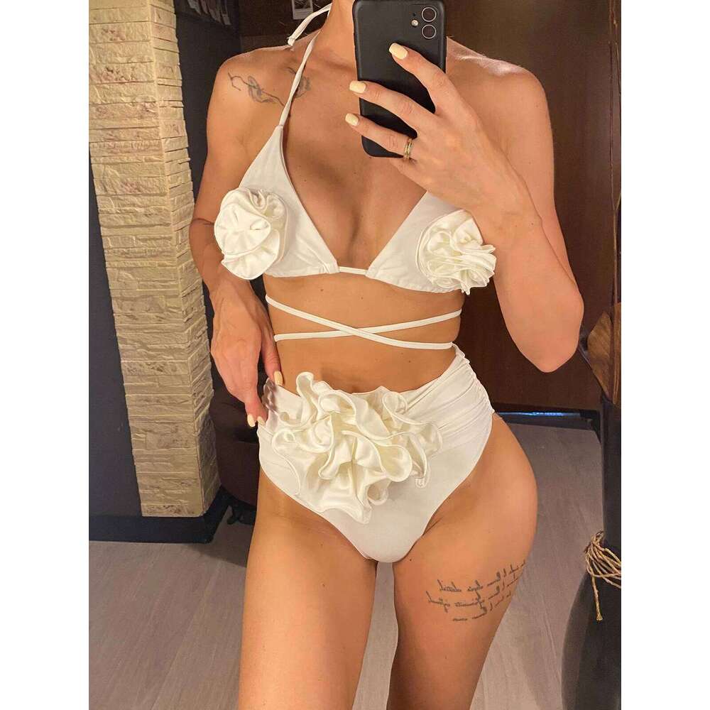 S - XL 3D Flowers Halter Female Swimsuit High Waist Women Swimwear Two-pieces Bikini set Bather Bathing Suit Swim V5372 Z260301