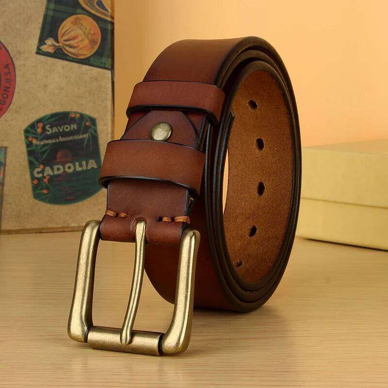5mm Thicken Full Grain Leather Heavy Duty Work Mens High Hardness Solid Brass Pin Buckle Brown Belt S260228