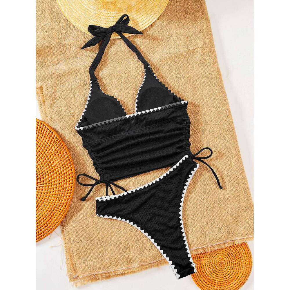 sexy white black patchwork bikinis sets two pieces deep v-neck drawstring vest swimsuits beachwear bathing suit swimwear biquini Z260301