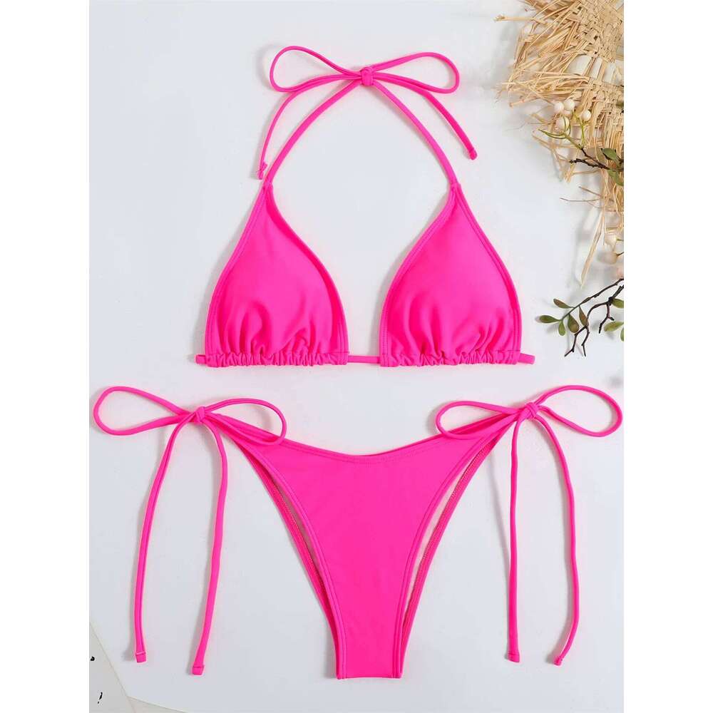 Sexy Brown Bikini 2025 Women Solid Red Halter Push Bra Tie Side Triangle Swimsuit Summer Bathing Suit Lace Up Micro Swimwear Z260301