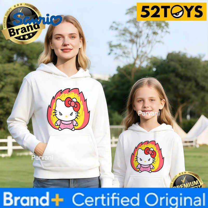 Sanrio 2026 Autumn-Winter Trending Hello Kitty Fire Print 100 Cotton Parent-Child Hoodies High Quality Loose Casual Comfortable Y2K H260302