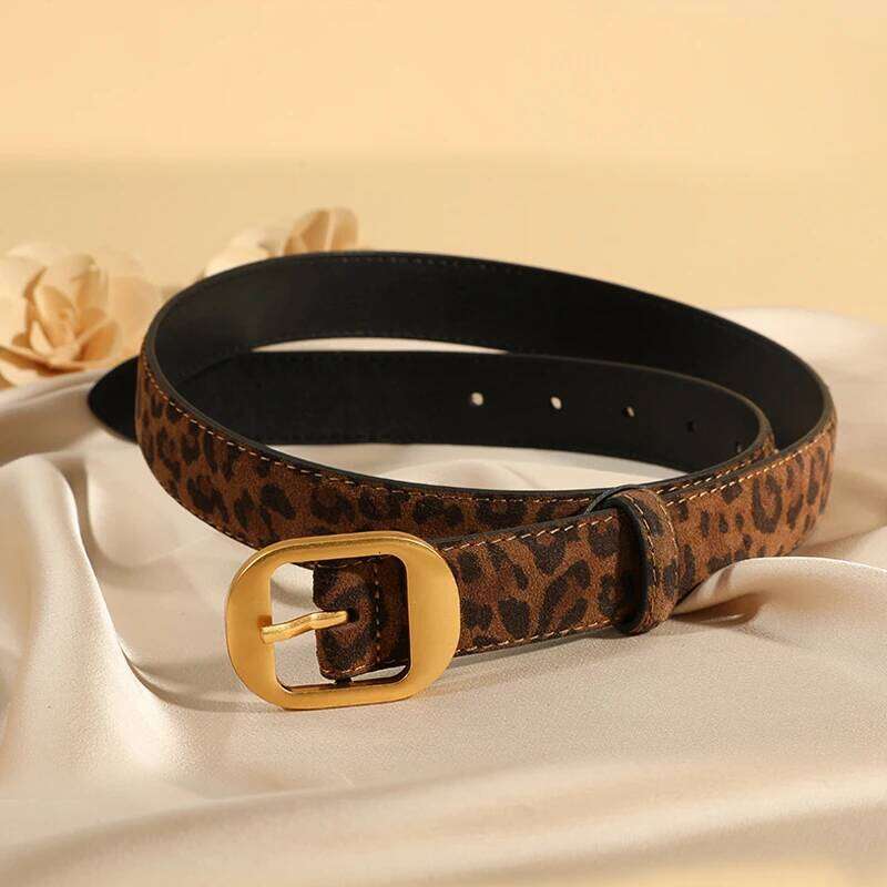 Leopard Print Women's Trendy Chic Suede Leather Belts with Gold/Sliver Buckle,Fashion Y2K Belt for Dress Skirt and Jeans S260228