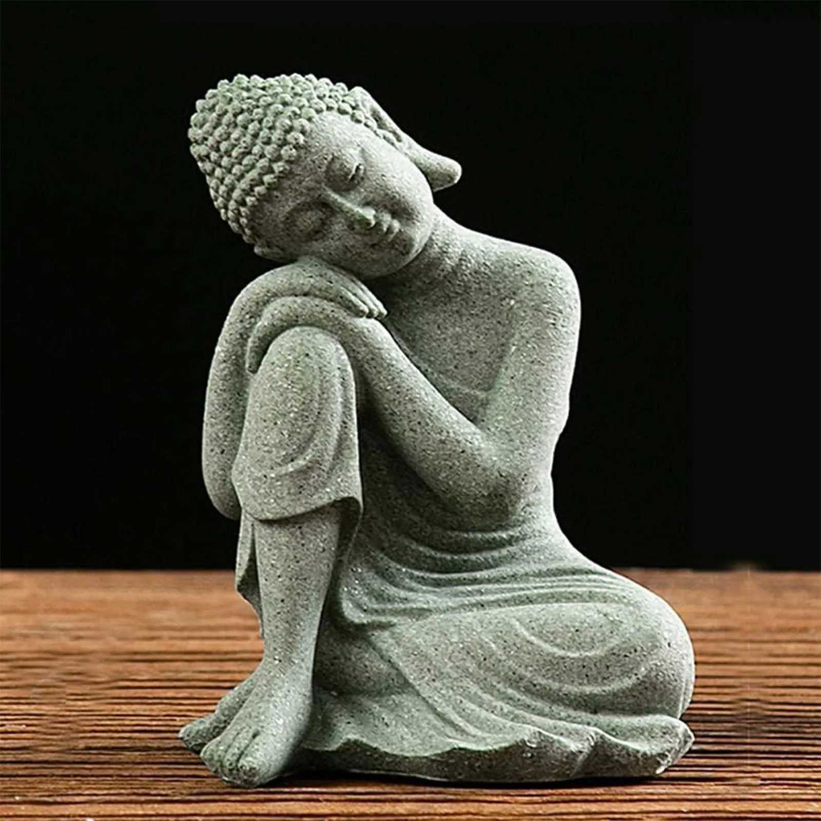 Green Sandstone Buddha Statue Home Altar Meditation Room Zen Buddhist Sculpture Spiritual OrnamentT260302