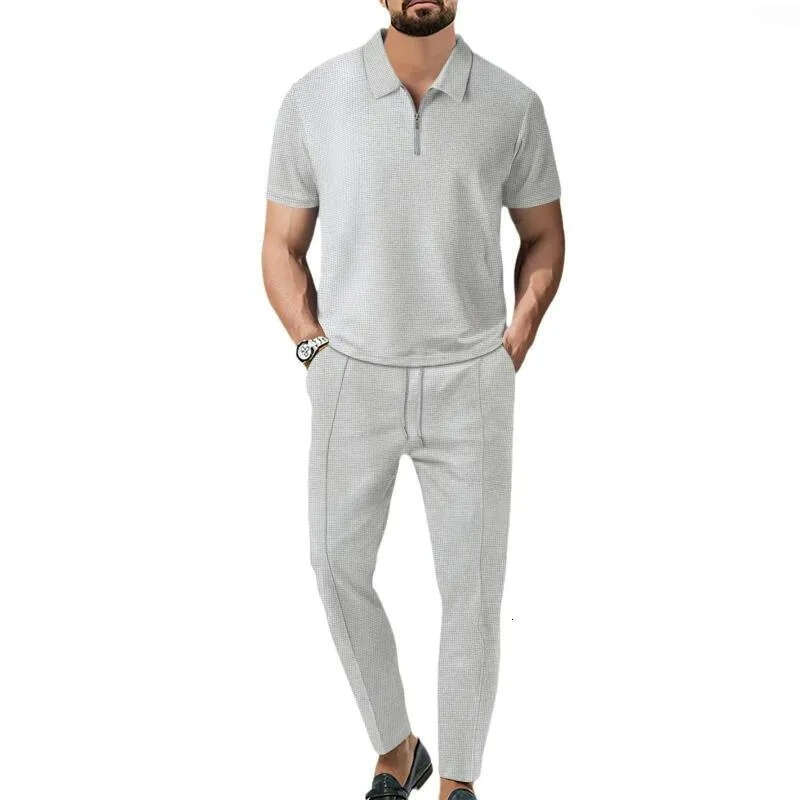 Tracksuits Solid Color Waffle Fabric Lapel Collar Zipper Jacket Short Sleeve Trousers Casual European American Style Men's Clothing - view 5