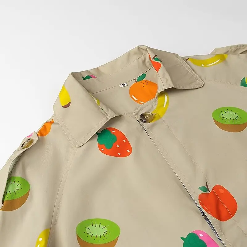 Fruit Pattern Print Wind Coat Single Breasted Turndown Collar Long Fashion Pocket Trench 2025 Spring Lady Outerwear 260228