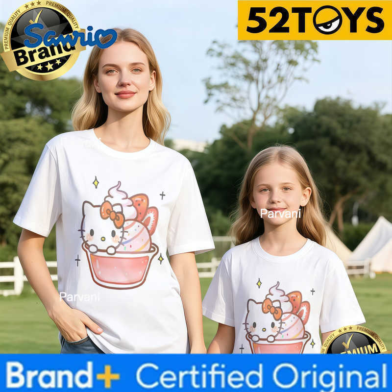 Sanrio 2026 Autumn-Winter Trending Hello Kitty Ice Cream Cup Print 100 Cotton Parent-Child T-Shirts High Quality Loose Casual Y2k H260302