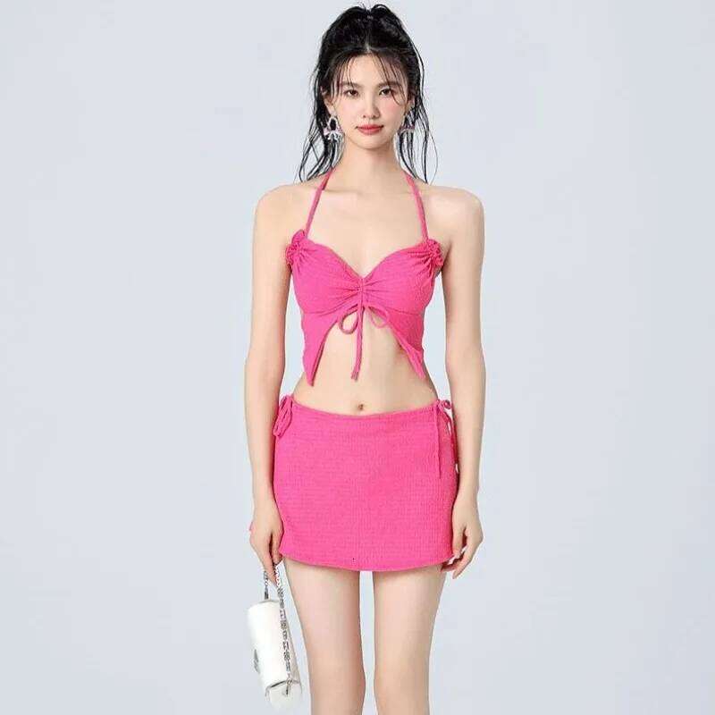 Vacation Beach Ins Rose Red Bikini Three Piece Women's Small Chest Internet Famous Swimsuit Butterfly Sexy Spicy Girl Z260301
