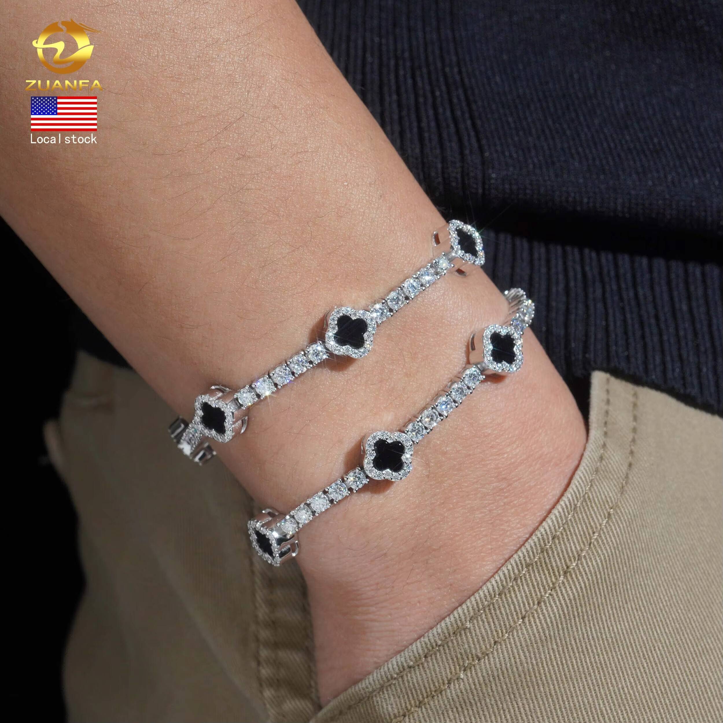 Fast Shipping Hip Hop Gift Iced Out Clover 3mm 925 Sterling Silver VVS Moissanite Tennis Bracelet