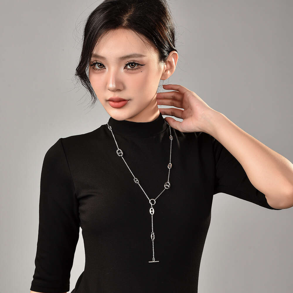 Double Layer Stacked Necklace OT Metal Texture Ins Trend Multiple Wearing Methods Pig Nose Buckle Extra Long Sweater Chain