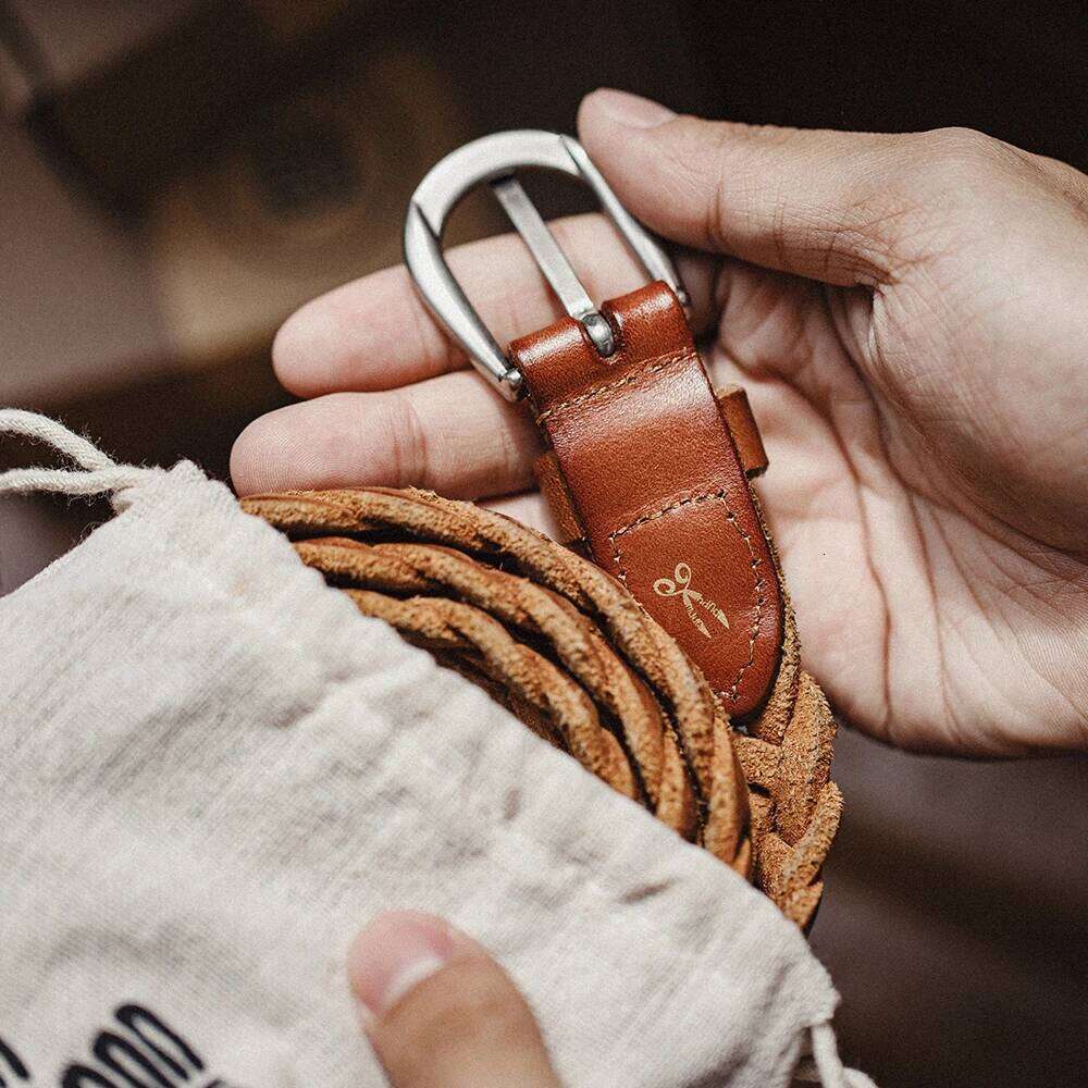 Maden Vintage Woven Two-Layer Vegetable Tanned Cowhide Belt for Men's Versatile Brown Accessory S260228