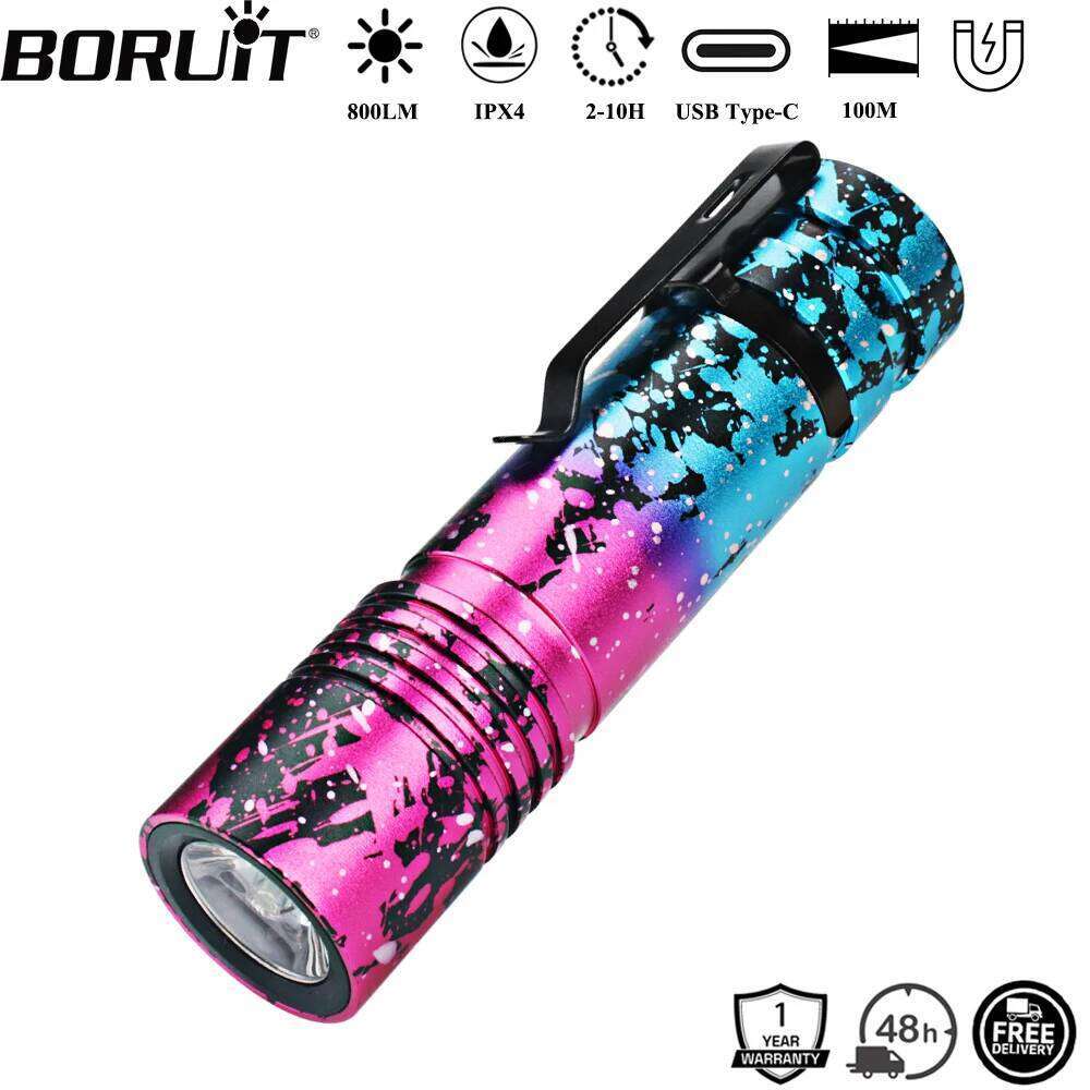 BORUiT V8 800LM LED Flashlight 5-Mode Type-C Rechargeable Torch with Clip Waterproof Camping Emergency Lantern Z260301