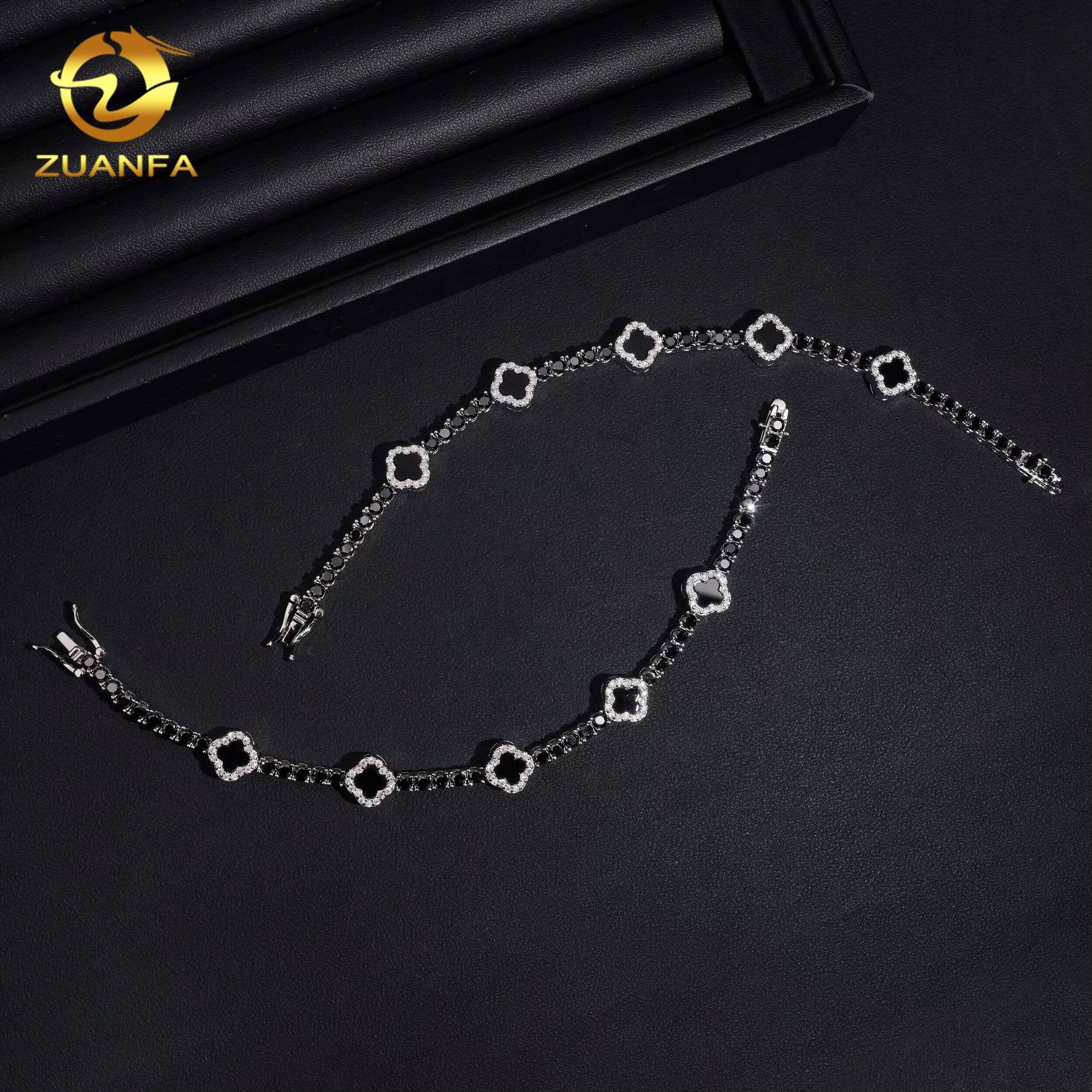 USA Local Stock 3mm Diamond Black Agate Iced Out Bracelet Hip Hop Jewelry 925 Silver Black VVS Moissanite Clover Tennis Bracelet