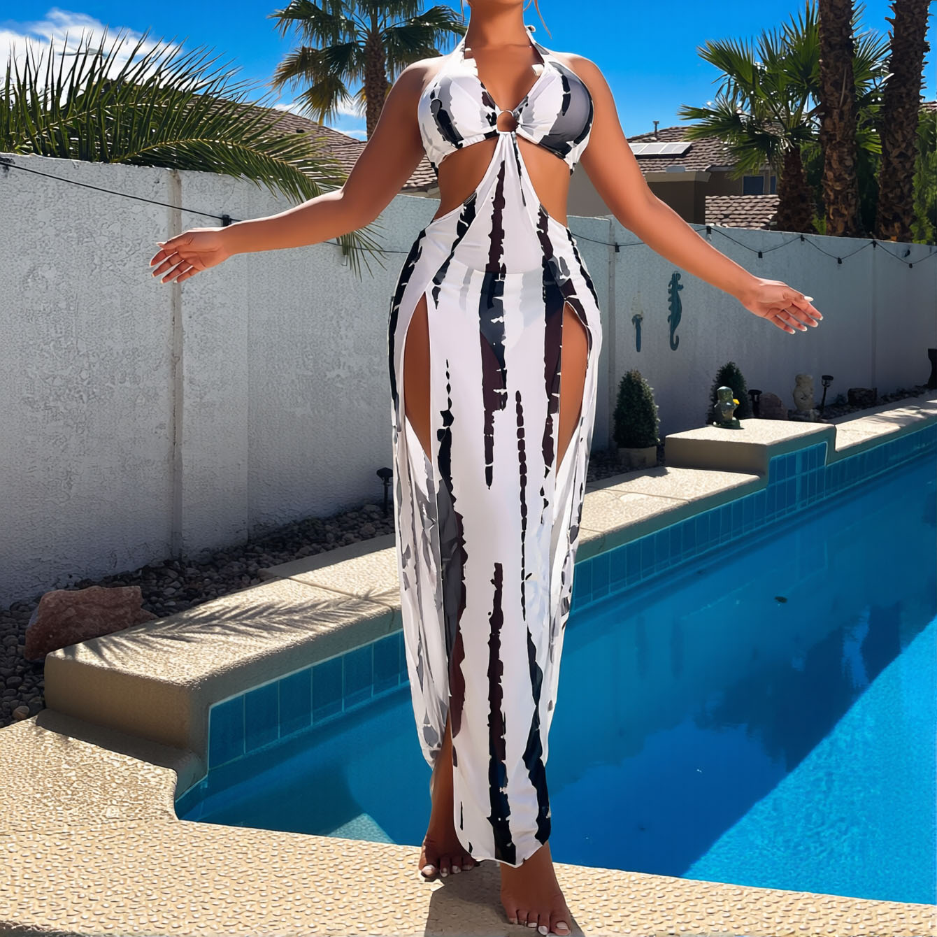2026 New Women Halter Neck Tie Dye Cut Out High Split One Piece Swimsuit Beach Cover Up Dress
