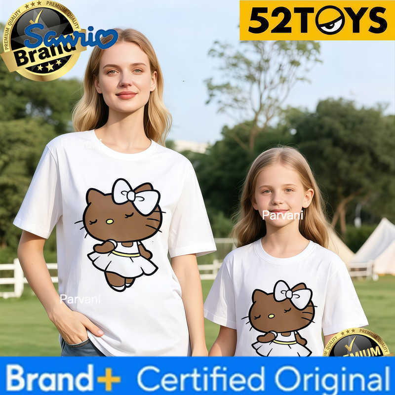 Sanrio 2026 Autumn-Winter Trending Brown Hello Kitty White Dress Print 100 Cotton Parent-Child T-Shirts High Quality Loose Casual H260302
