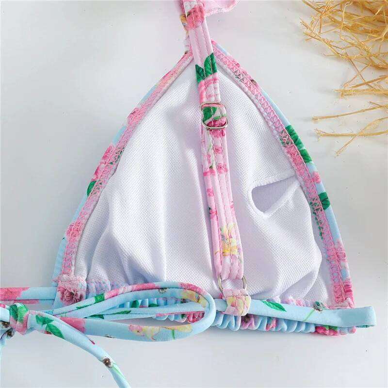 Light Blue Floral Print Swimwear Ruffled Strap Triangle Thong Micro Bikini 2026 Sexy Swimsuit Women Low Waisted Bather Bikinis Z260301