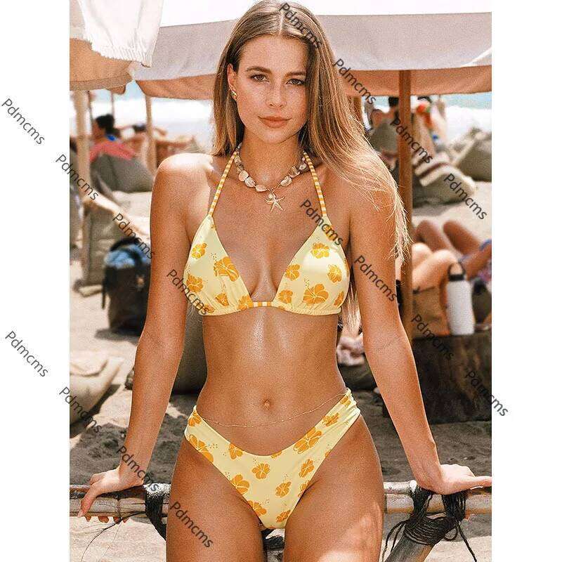 2025 new European and American printed neck bikini sexy split women's seaside beach hot spring swimsuit Z260301