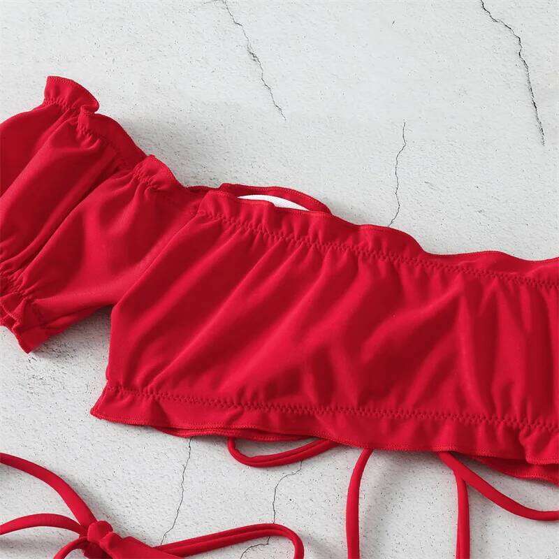 Sexy String Bikini 2024 Red Off Shoulder Swimsuit Female Swimwear Women Thong Bikinis Set Bather Swimming Beachwear Bathing Suit Z260301