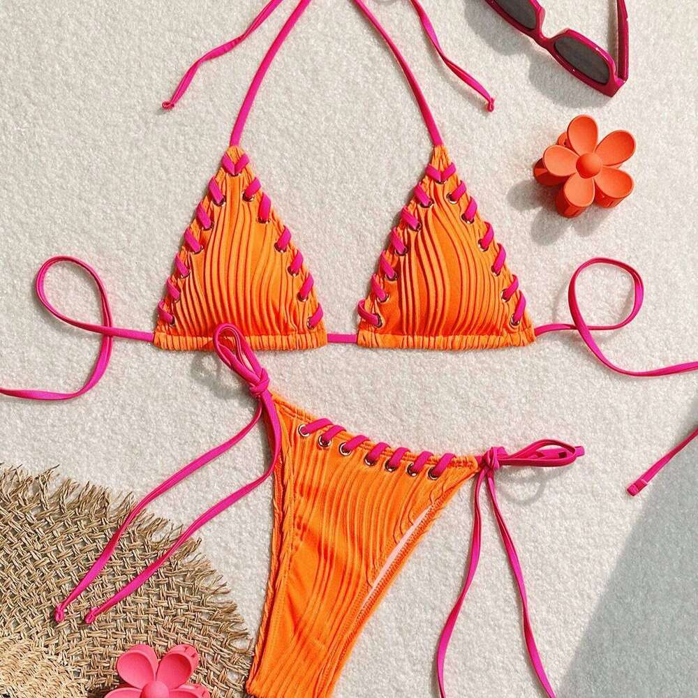 Halter Wrinkled Weave Women Swimwear Female Swimsuit Two Pieces Bikini Set Brazilian Bathing Suit Swim Beach Wear Z260301