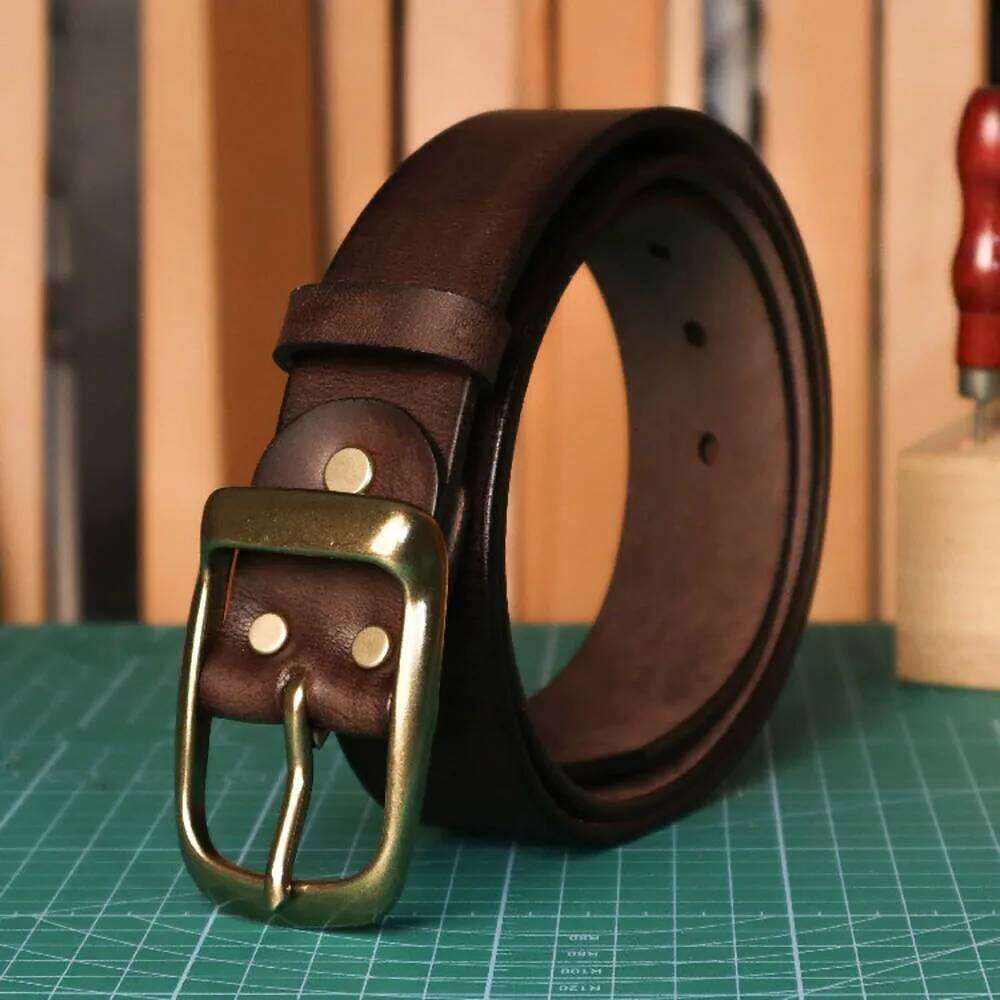 Fashion Vintage Hard-Hitting Men's Belt with Brass Buckle in American Style, 3.8cm Wide, Made of Top-Grain Leather S260228