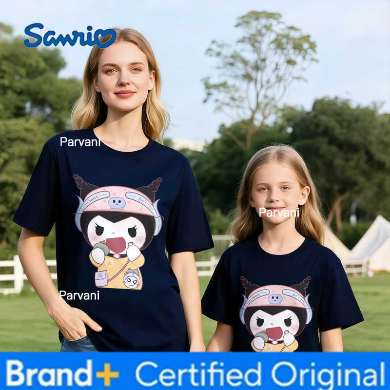 Sanrio 2026 Summer Kuromi Retro High-Quality 100 Cotton Mens T-shirt Oversized Cute Breakfast Print Top Unisex Family Matching Y2K H260302