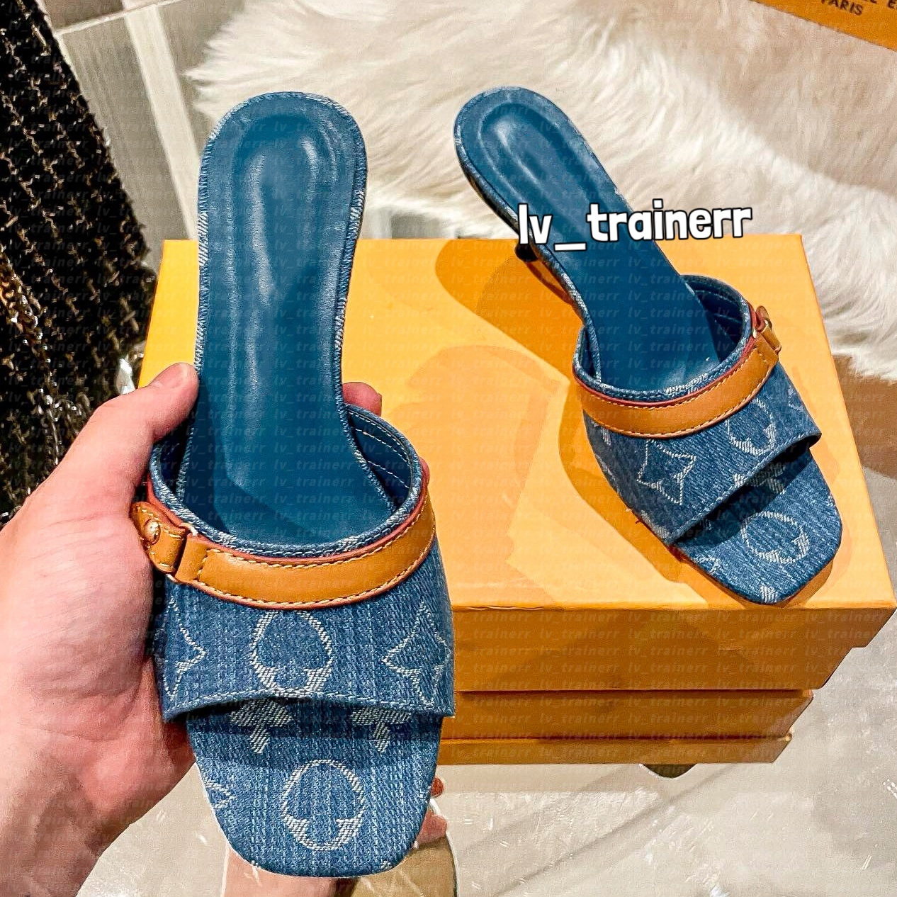 Designer lvlys High heels Women Revival Mule Blue Denim Sandals Embroidered Printed Stiletto Leather shoes Round Toe Flip-Flops Summer Denim Mule Sandal High Heel