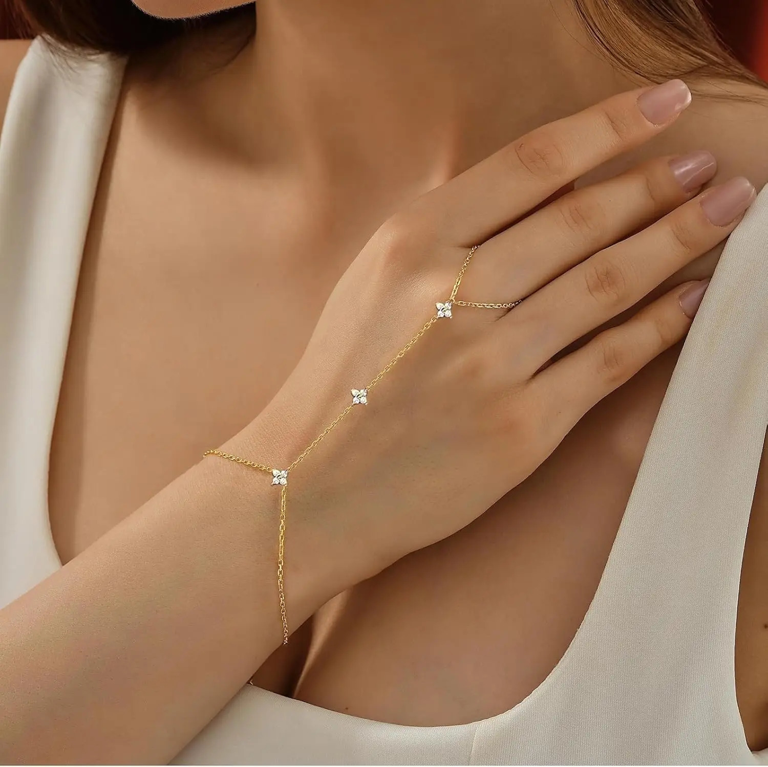 Women Bracelets Waterproof 14K Gold Ring Bracelet Hand Chain Dainty Daisy Cubic Zirconia Stackable Link Chain Hypoallergenic 260302