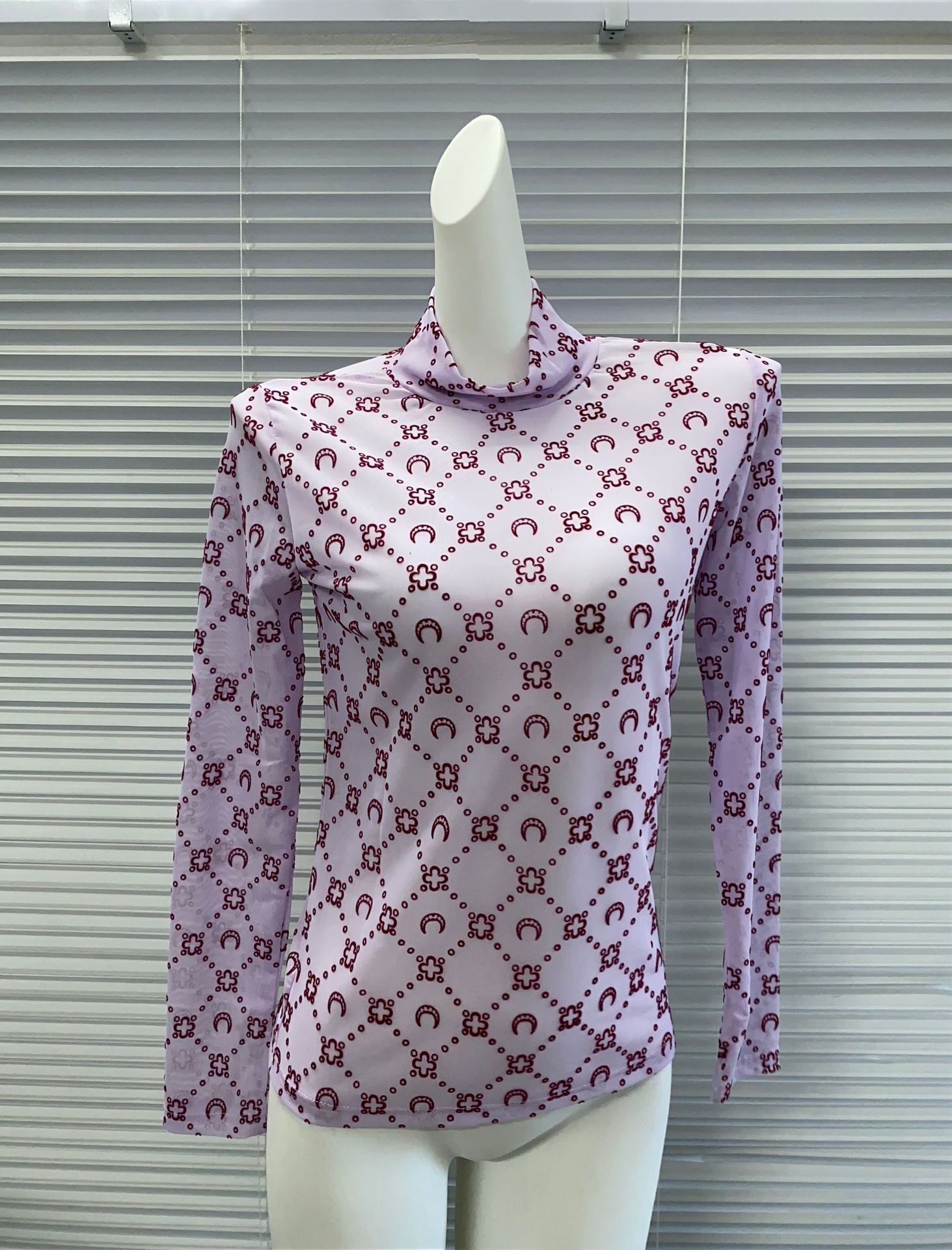 2026 Autumn Winter Turtleneck Mesh, Quilted Pattern, Thumbhole Long Sleeve, Sexy Design, Moon Print Flocked Sheer Top & Bottoms