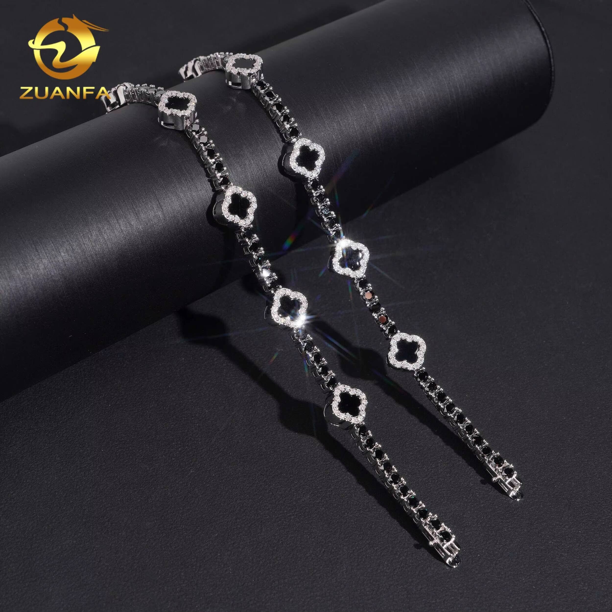 USA Local Stock 3mm Diamond Black Agate Iced Out Bracelet Hip Hop Jewelry 925 Silver Black VVS Moissanite Clover Tennis Bracelet