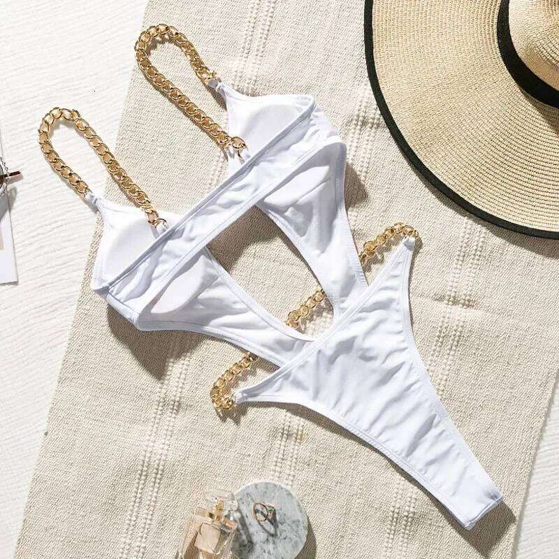 Sexy Metal Chains String High One Piece Swimsuit Women Swimwear Female Monokini Tummy Cut Out Bathing Suit Swim Beach Wear Z260301