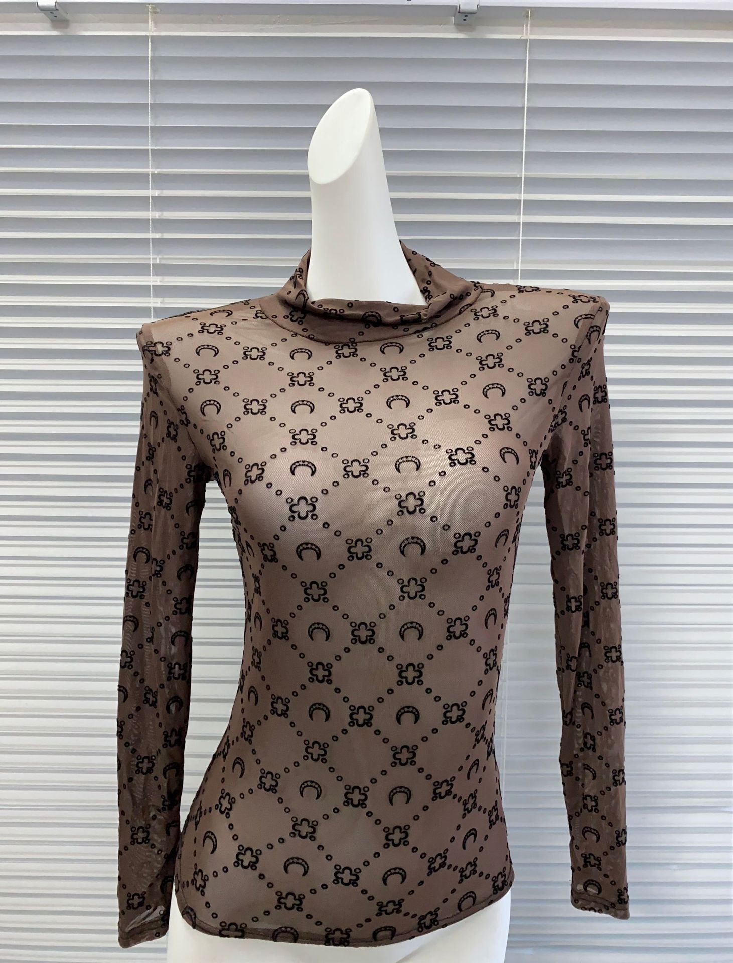 2026 Autumn Winter Turtleneck Mesh, Quilted Pattern, Thumbhole Long Sleeve, Sexy Design, Moon Print Flocked Sheer Top & Bottoms
