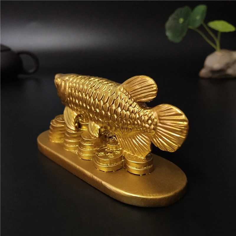 Gold Arowana Fish Statue Chinese Feng Shui Lucky Ornament Resin Craft Home Decoration GiftT260302