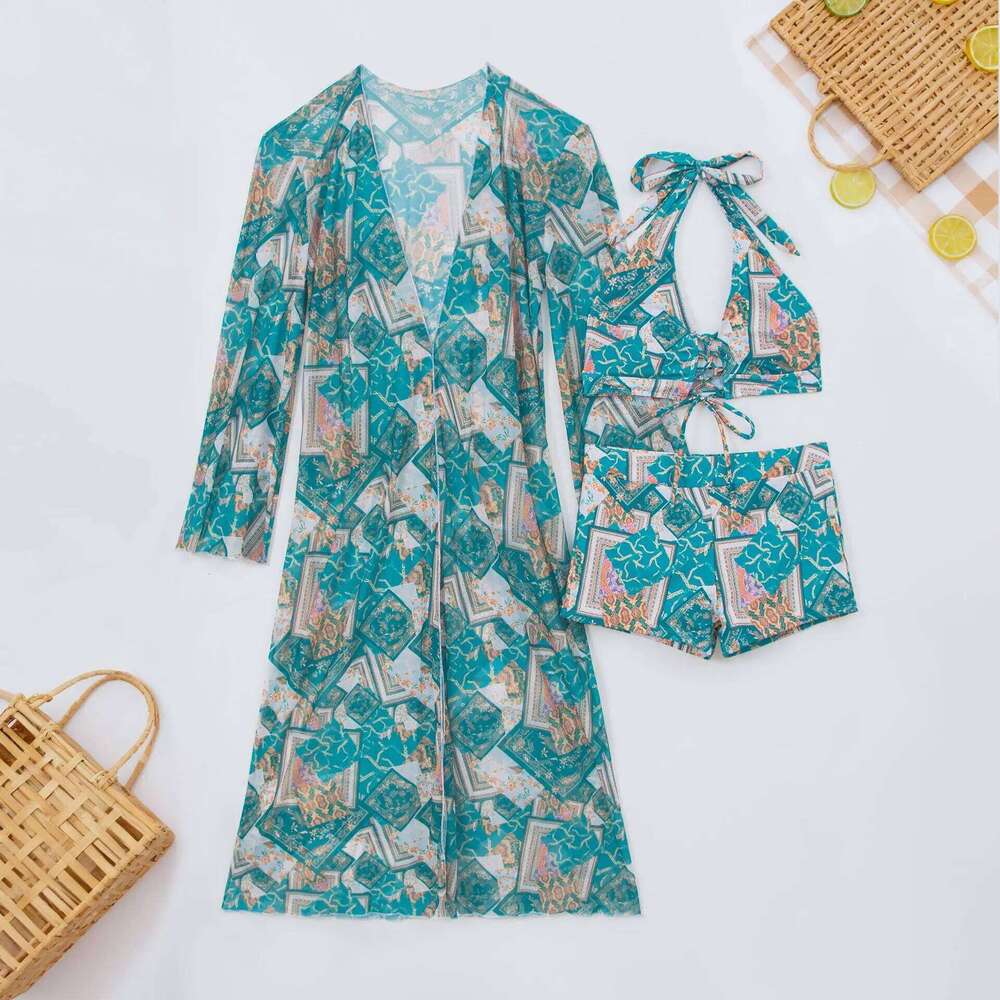 Women's 3 Piece See-through Mesh Bikini Set Fashion Triangle Top High Waist Bottom & Sheer Cover Up Summer Holiday Shorts Sets Z260301