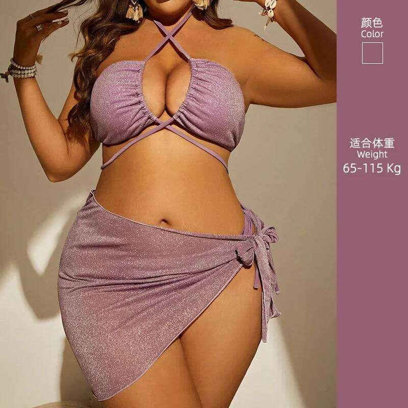 Genuine Plus Size Swimsuit Bikini, Sexy Three-point Gold Powder Lavender Three-piece Set, Seaside Vacation Strap Clothign Set Z260301