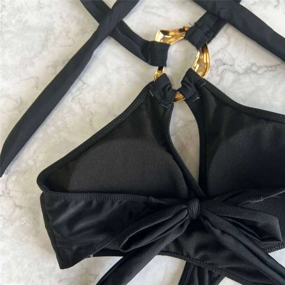 Solid Black Halter Backless Swimwear Woman 2025 One Piece Swimsuit Hollow Out Monokini Cross Bandage Metal Ring Swimming Wear Z260301