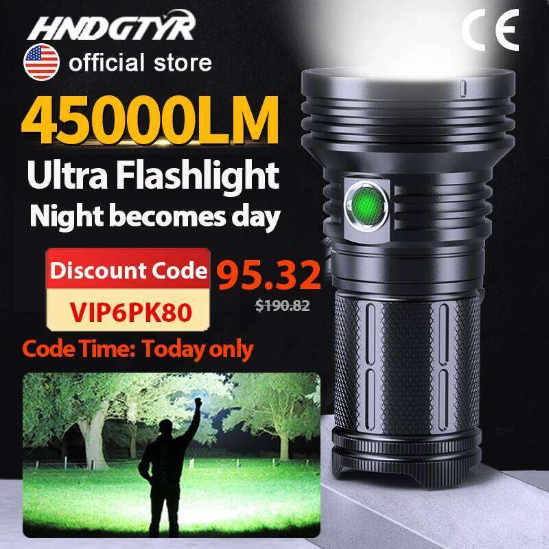 Real 45000LM 240W Super Strong Light LED Powerful Flashlight USB Chargeable Tacical Torch Hunting Survival Fishing Lantern PK80 Z260301