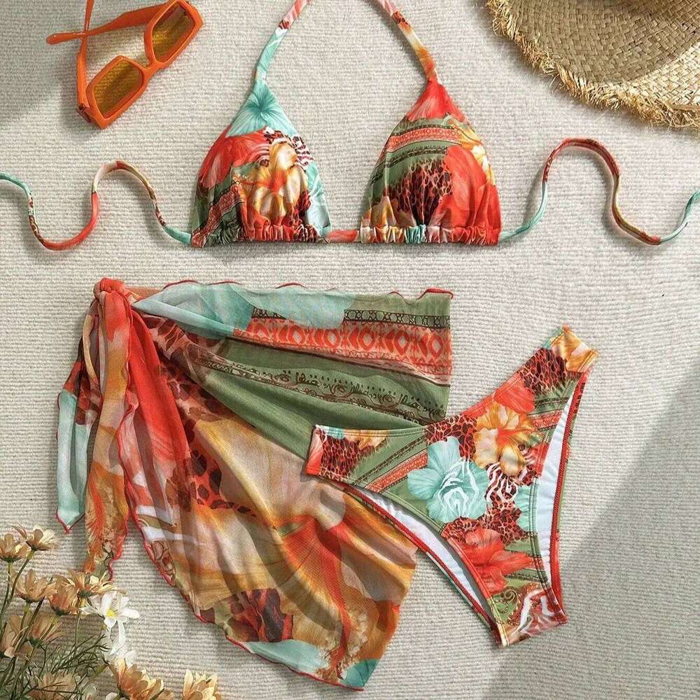 New Women's Retro Floral Print Apron Style Bikini Set 3 Piece High Waisted Tie Side Swimsuit Beach Vacation Swimsuit Biquine Z260301