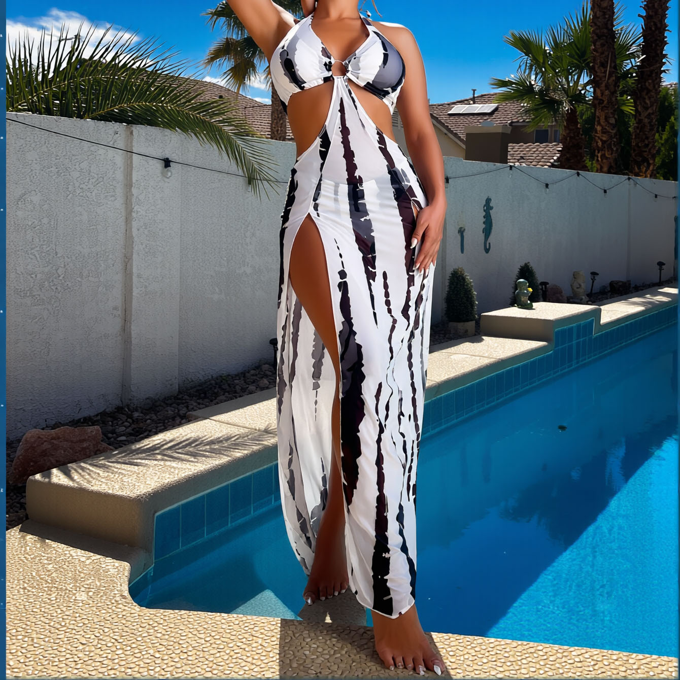 2026 New Women Halter Neck Tie Dye Cut Out High Split One Piece Swimsuit Beach Cover Up Dress