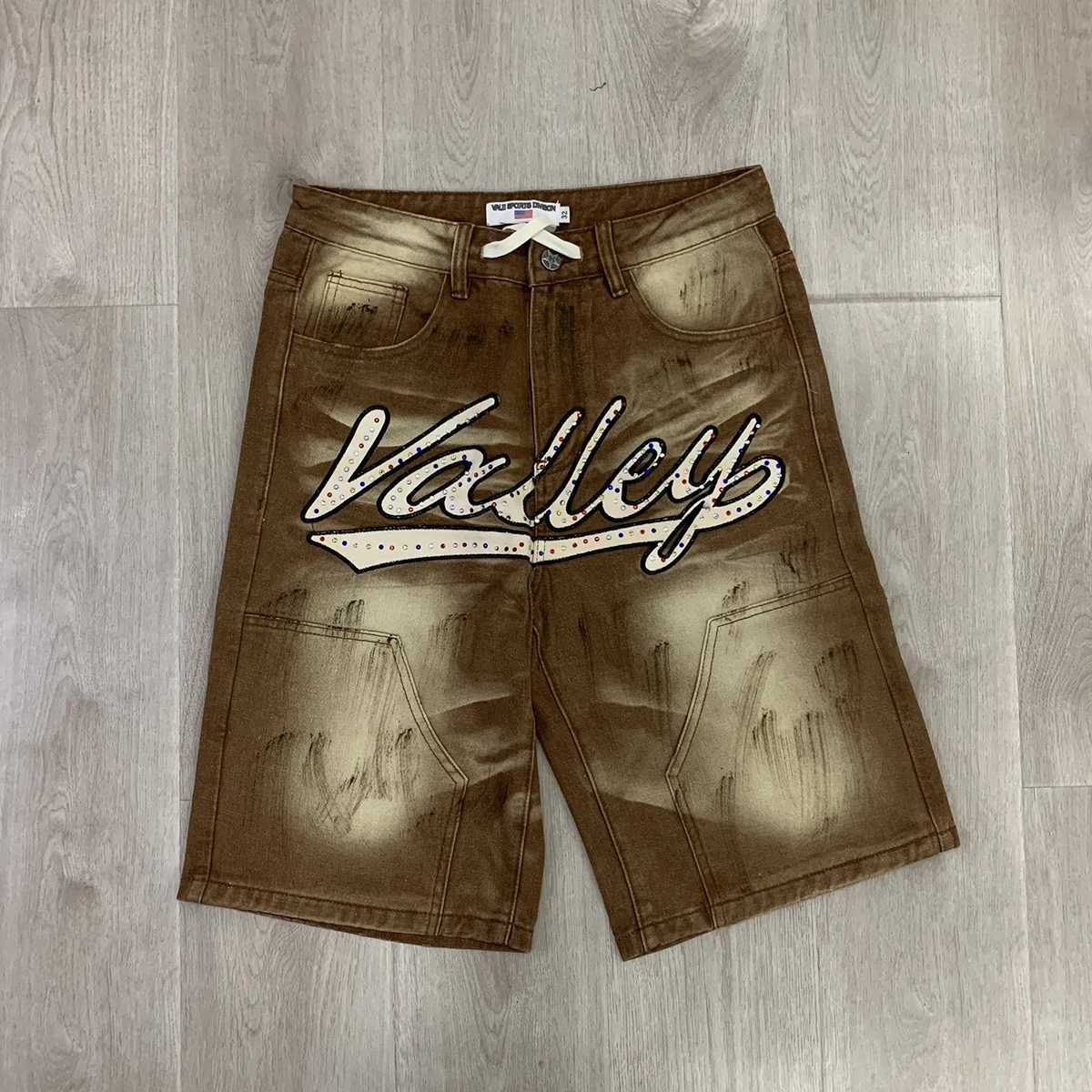 Color Rhinestone Shinning Baggy Jeans Shorts for Men Letter Embroidery Casual Denim Knee Length Pants Oversized Summer Short C260302