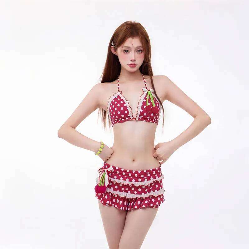 Lolita Cute Dots Ruffles Patchwork Holiday Beach 2 Piece Set Women Lace Up Halter Bra Tops + Shorts Summer Bathing Suit Swimwear Z260301