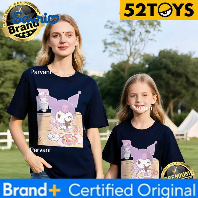Sanrio 2026 Summer Family Must-Have 52TOYS Kuromi Dessert Print T-Shirts Loose 100 Cotton High Quality Parent-Child Tees Single Piece H260302