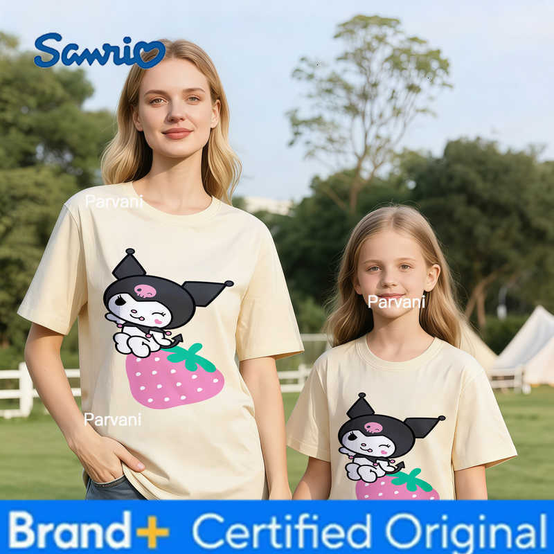Sanrio 2026 Summer Kuromi Retro High-Quality 100 Cotton Mens T-shirt Oversized Cute Strawberry Print Top Unisex Family Matching H260302